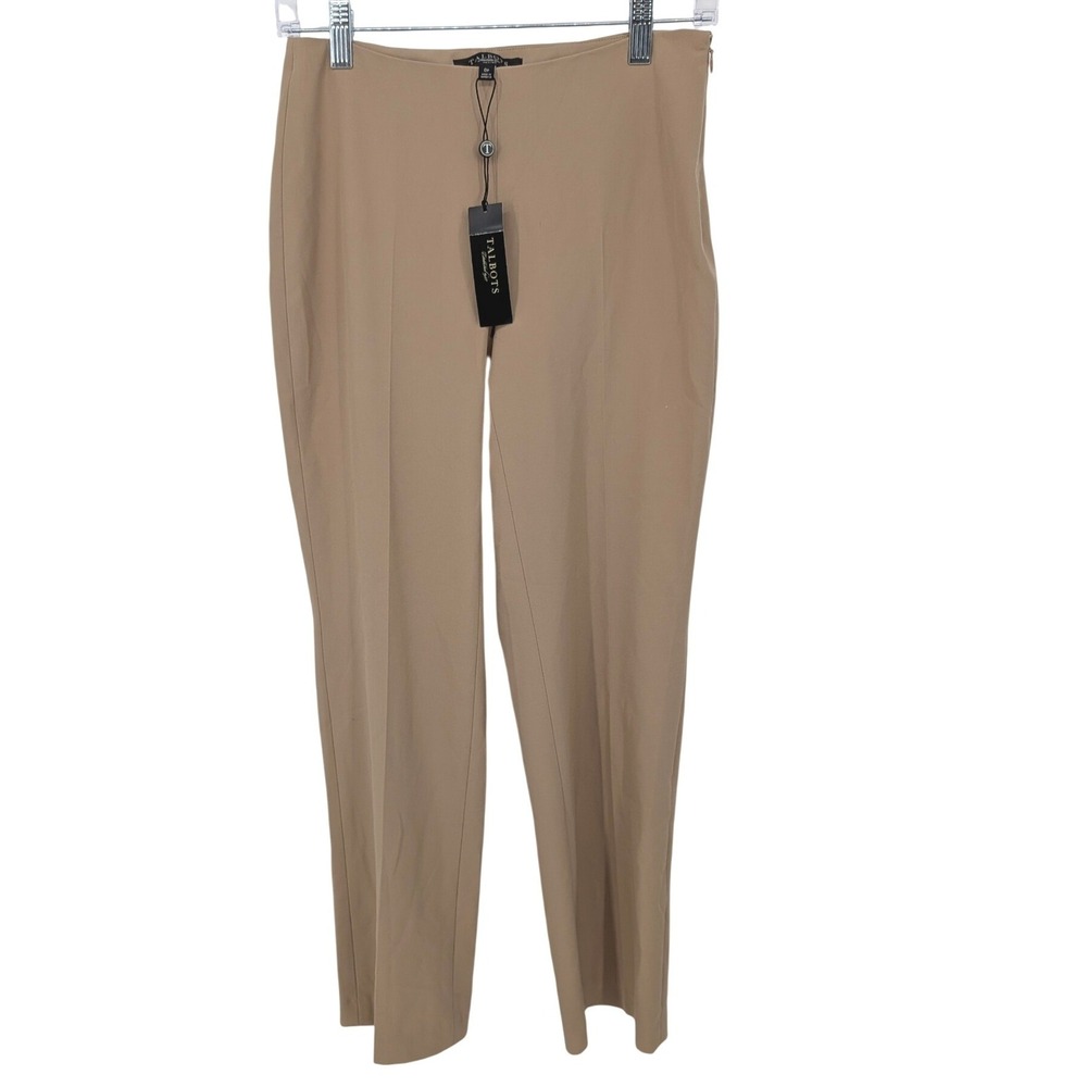 Talbots Dress Pants Women Petite 0P Tan Side Zip Straight Leg Trouser Office NWT
